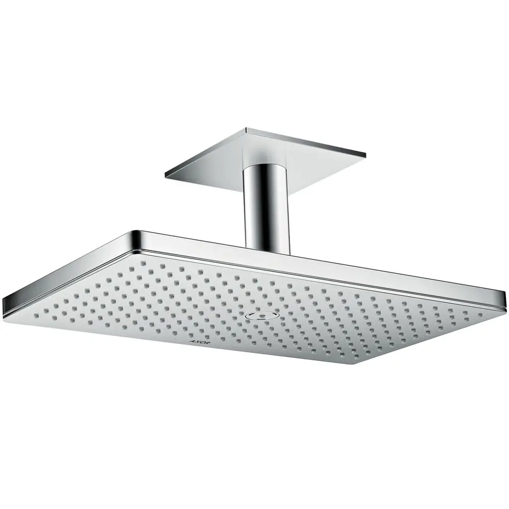 Kopfbrause mit quadratischem Kopf und Deckenanschluss aus Edelstahl. Das Produkt stammt von der Marke AXOR und hat eine minimalistische Designästhetik.